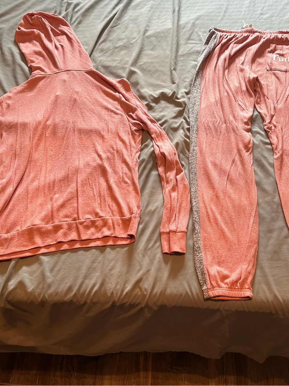 PINK Victoria's Secret Coral Pink Hooded Track Set with Gray Side Stripe - Picture 2 of 4